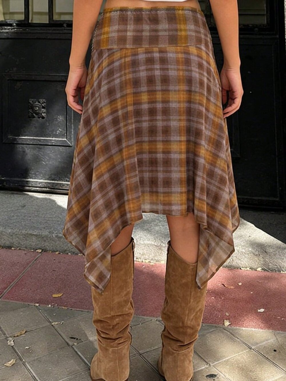 Multicolor Casual Women's Plaid Asymmetrical Midi Skirt - Picture 2 of 6